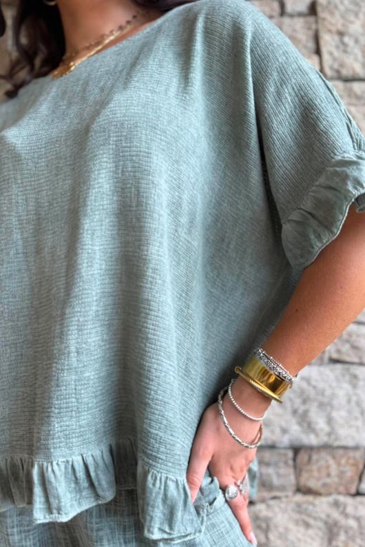 Frame Hopsack Frill Box Top Washed Khaki